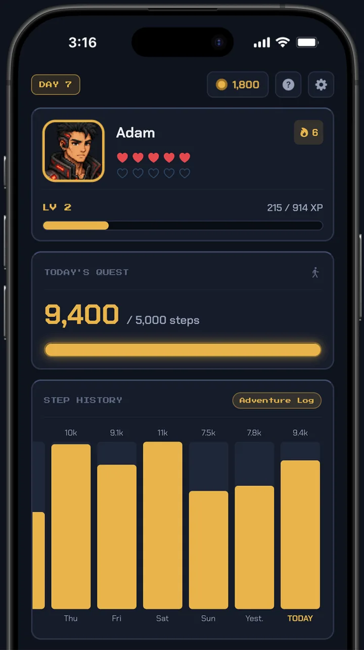 The dashboard: hearts, level, today's goal, and the week behind you.